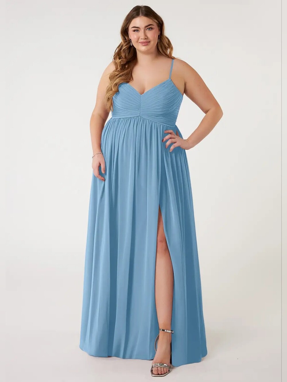 New With Tags Azazie Alia Steel Blue Custom Size A-Line Pleated Chiffon Dress